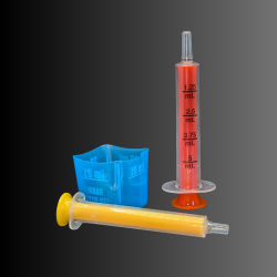 medical component manufacturing includes the creation of colored syringes and uniquely shaped medicine cups